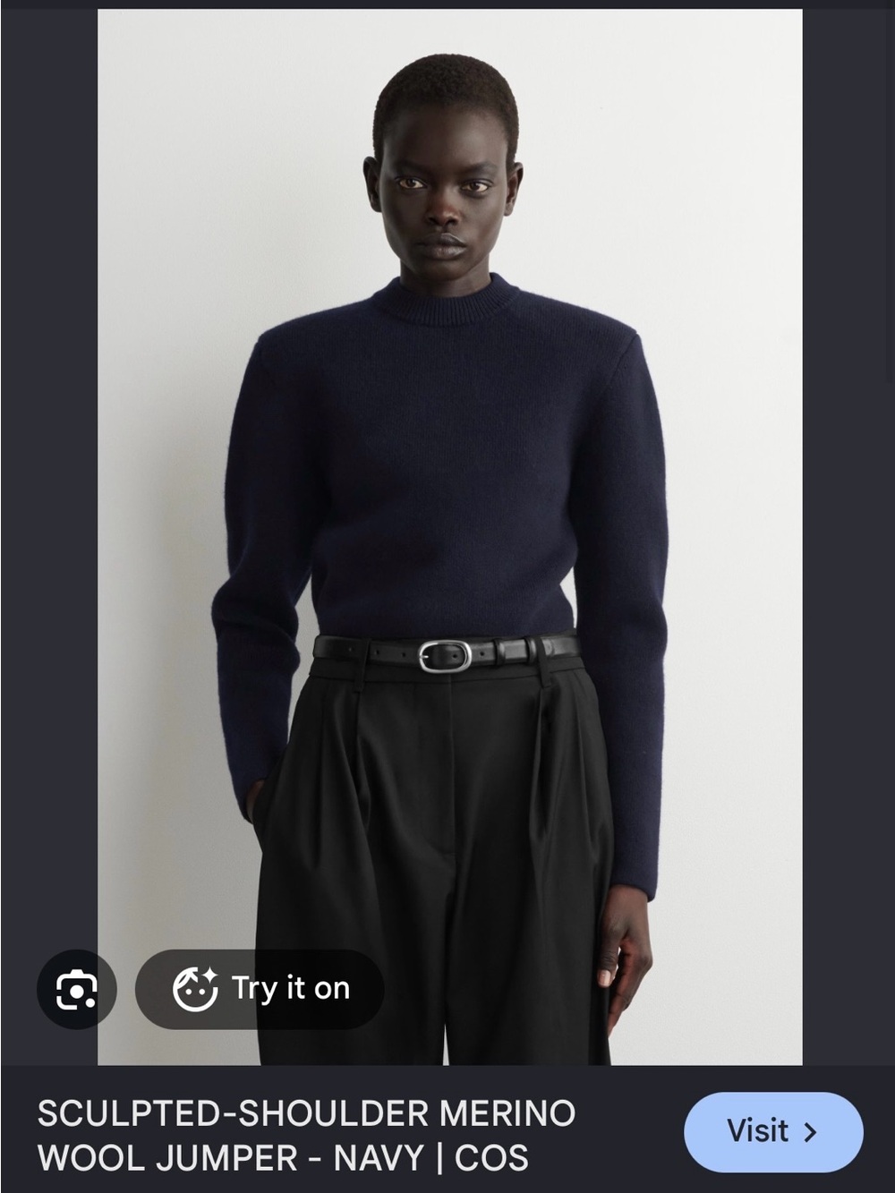 COS Sculpted Shoulder Merino Wool Navy Sweater XS - Picture 3 of 8